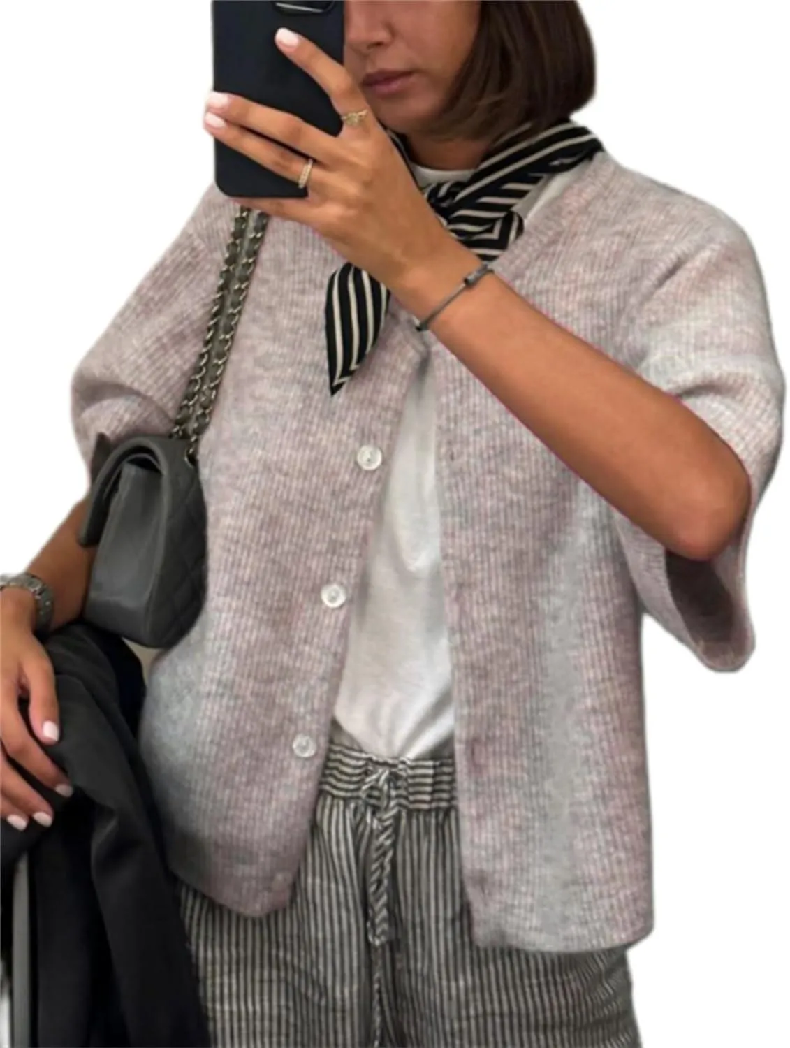 Women Knitted Crop Cardigan Sweater Short Sleeve Button Down Ribbed Knit Crop Top Blouse Y2k Pullover Tee Tops