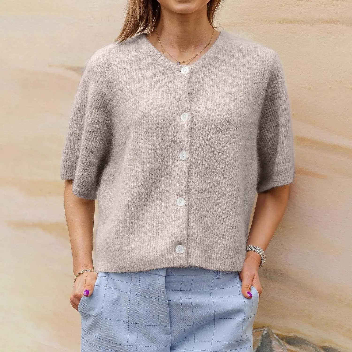 Women Knitted Crop Cardigan Sweater Short Sleeve Button Down Ribbed Knit Crop Top Blouse Y2k Pullover Tee Tops