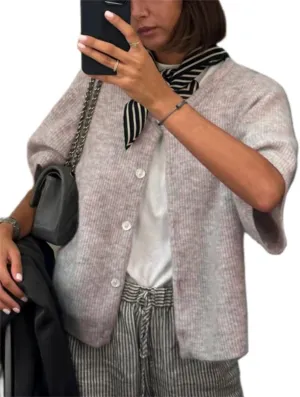 Women Knitted Crop Cardigan Sweater Short Sleeve Button Down Ribbed Knit Crop Top Blouse Y2k Pullover Tee Tops