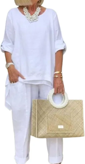 Women Linen 2 Piece Pants Suit for Women Dressy Cotton Linen Sets Outfits Long Sleeve Shirts Wide Leg Trousers