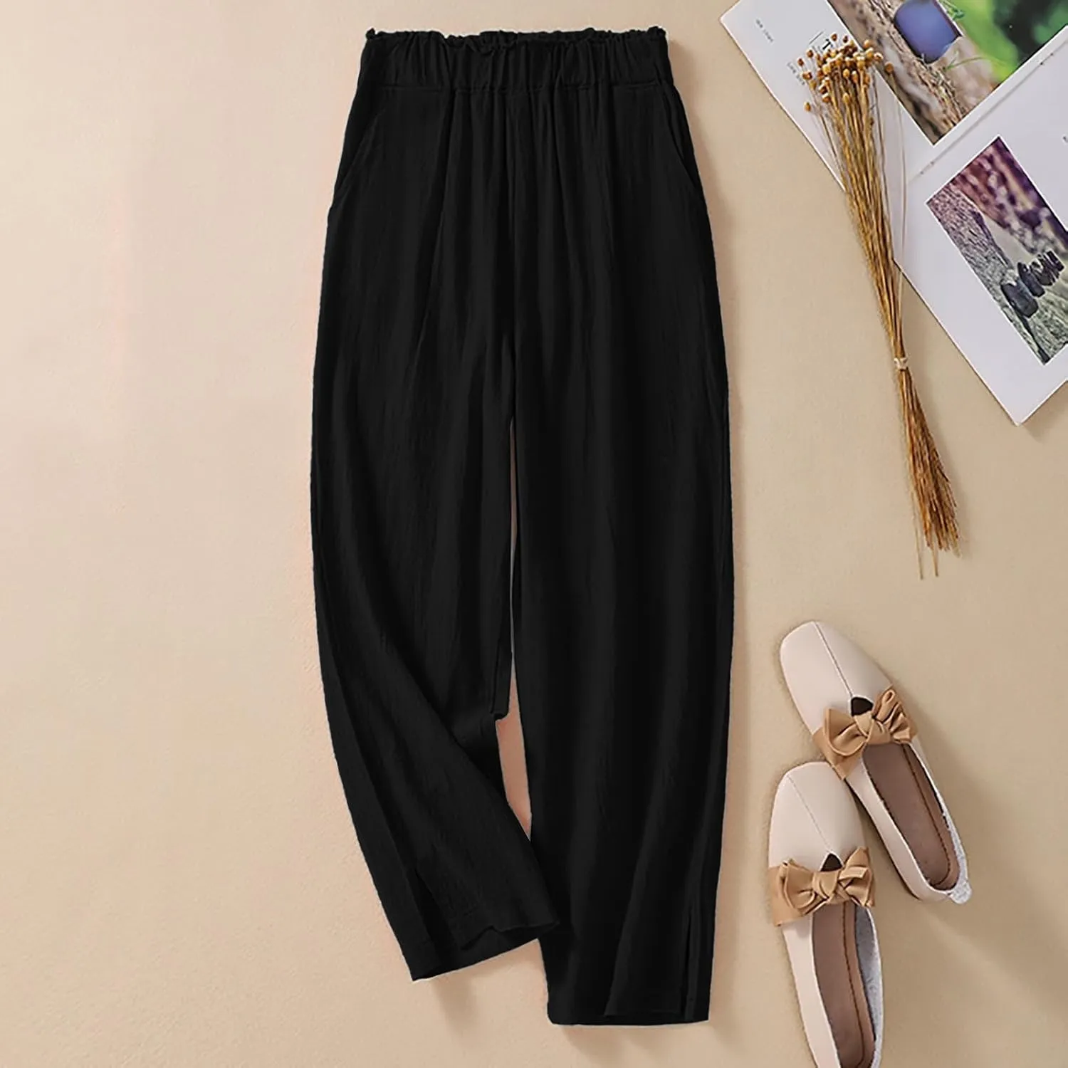 Women Linen Baggy Harem Pants Elastic High Waist Loose Slit Cropped Pants with Pockets with Pockets Women's Beach