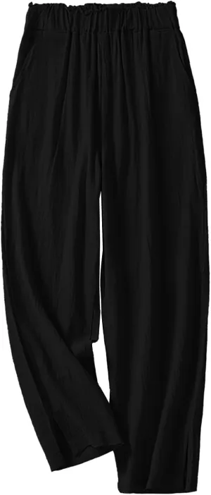 Women Linen Baggy Harem Pants Elastic High Waist Loose Slit Cropped Pants with Pockets with Pockets Women's Beach