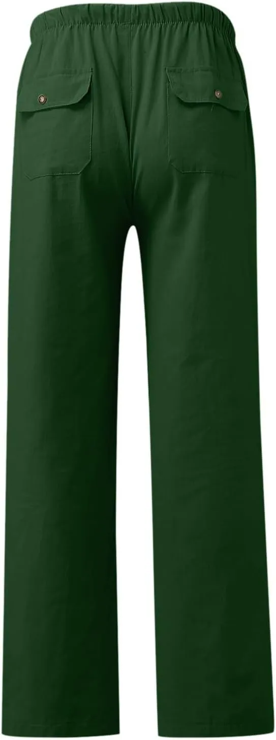 Women Linen Baggy Harem Pants Elastic High Waist Loose Slit Cropped Pants with Pockets with Pockets Women's Beach