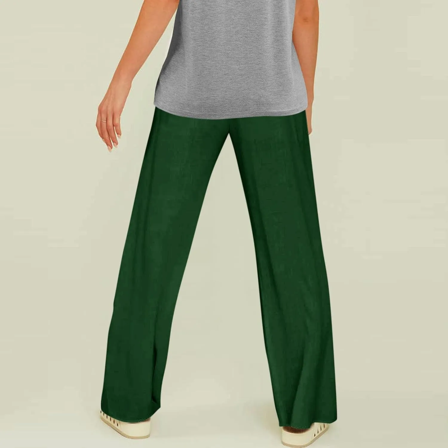 Women Linen Baggy Harem Pants Elastic High Waist Loose Slit Cropped Pants with Pockets with Pockets Women's Beach