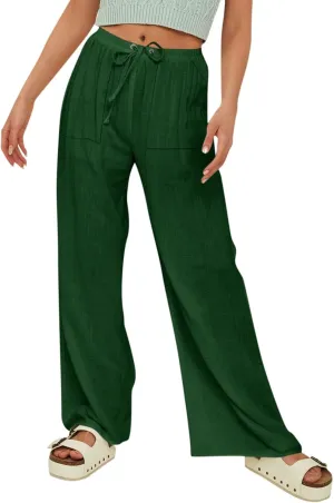 Women Linen Baggy Harem Pants Elastic High Waist Loose Slit Cropped Pants with Pockets with Pockets Women's Beach