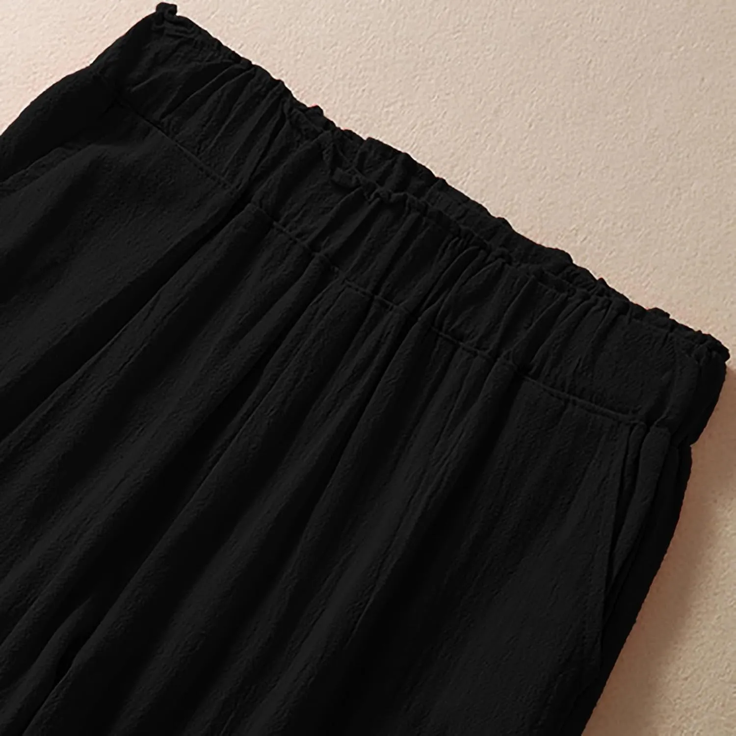 Women Linen Baggy Harem Pants Elastic High Waist Loose Slit Cropped Pants with Pockets with Pockets Women's Beach