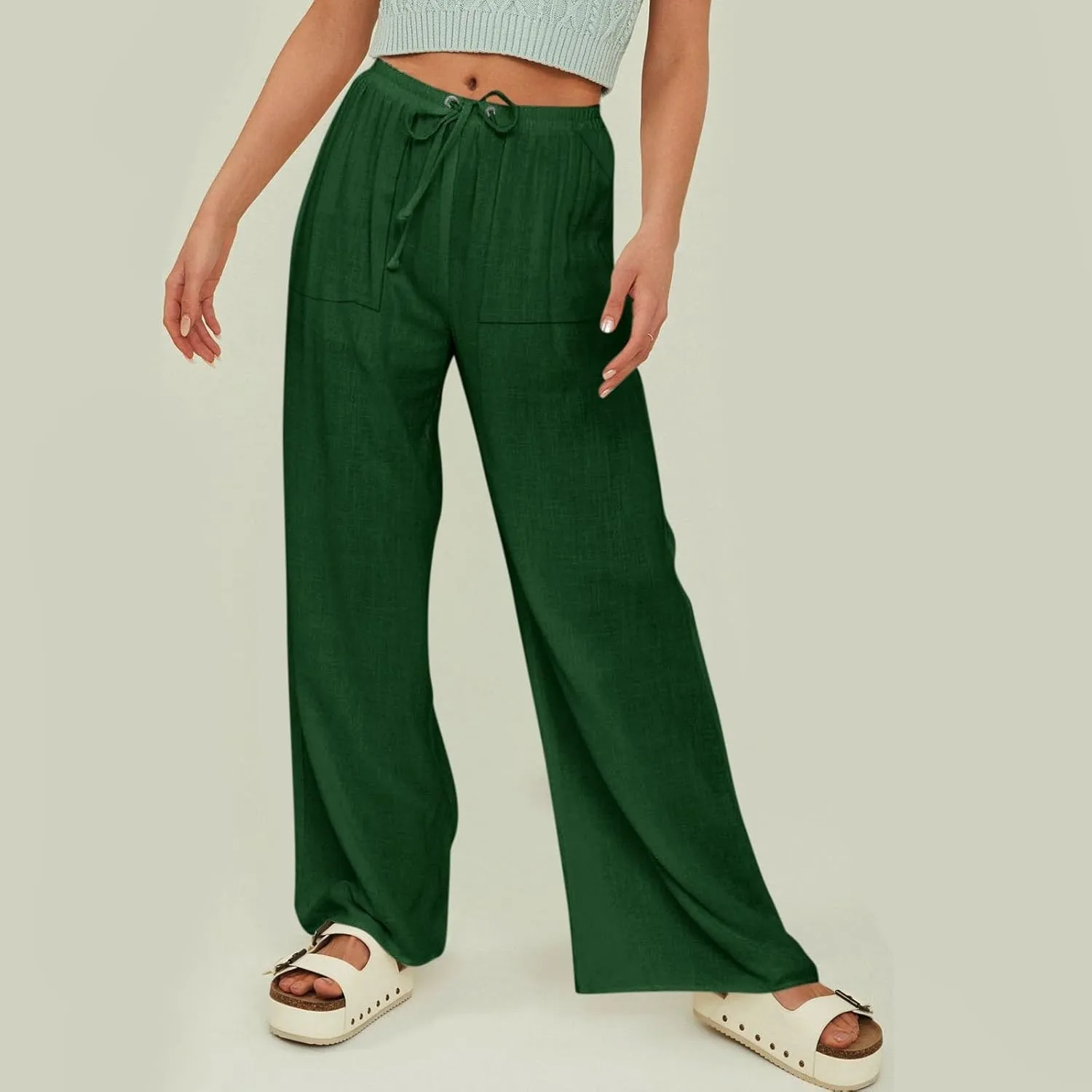 Women Linen Baggy Harem Pants Elastic High Waist Loose Slit Cropped Pants with Pockets with Pockets Women's Beach