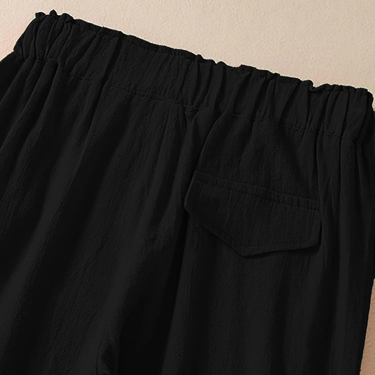 Women Linen Baggy Harem Pants Elastic High Waist Loose Slit Cropped Pants with Pockets with Pockets Women's Beach