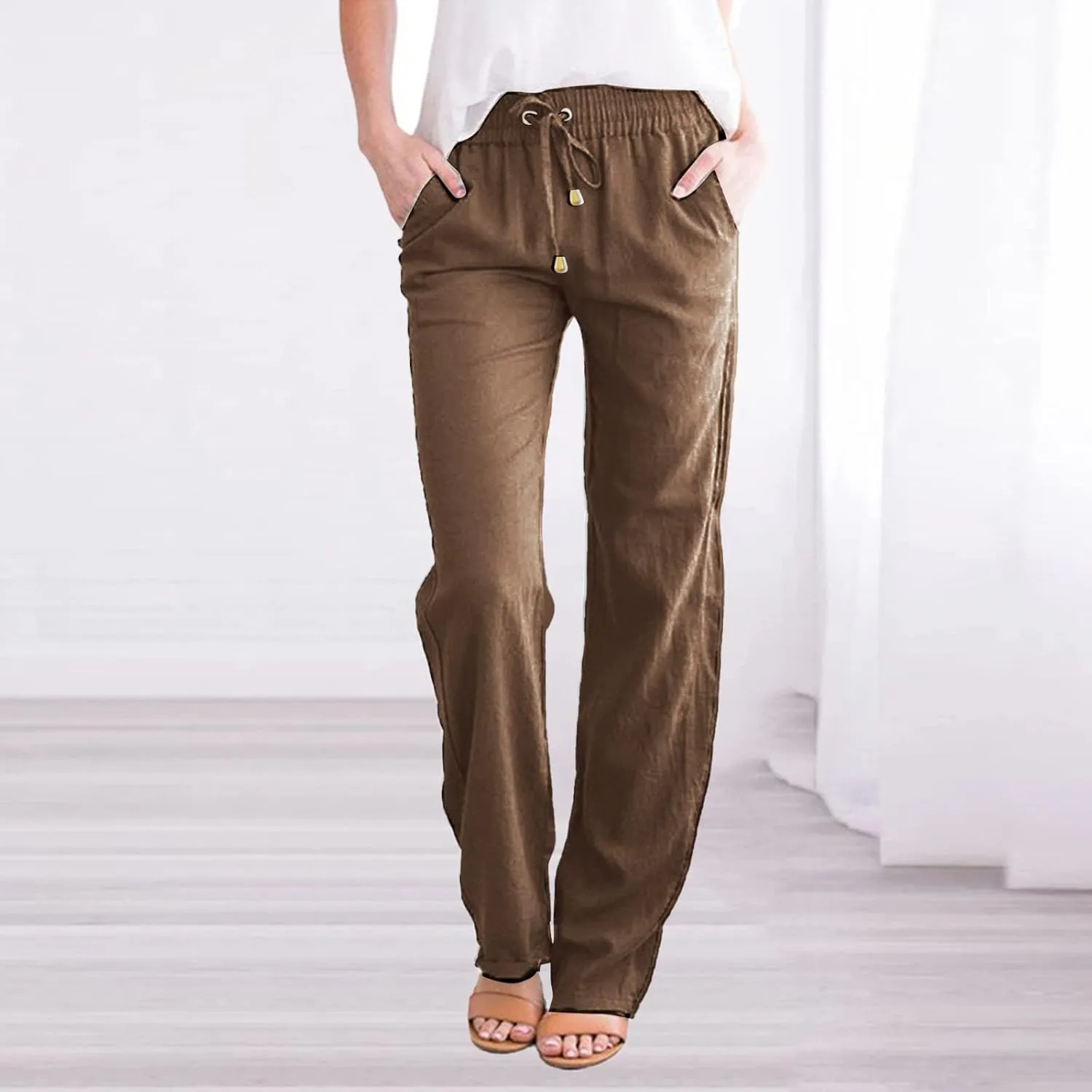 Women Linen Blend Summer Drawstring Palazzo Lounge Pants Low Waist Ankle Length Plus Size Pant Trousers Trendy