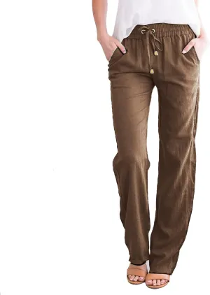 Women Linen Blend Summer Drawstring Palazzo Lounge Pants Low Waist Ankle Length Plus Size Pant Trousers Trendy