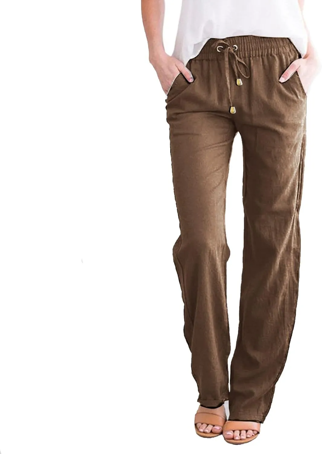 Women Linen Blend Summer Drawstring Palazzo Lounge Pants Low Waist Ankle Length Plus Size Pant Trousers Trendy