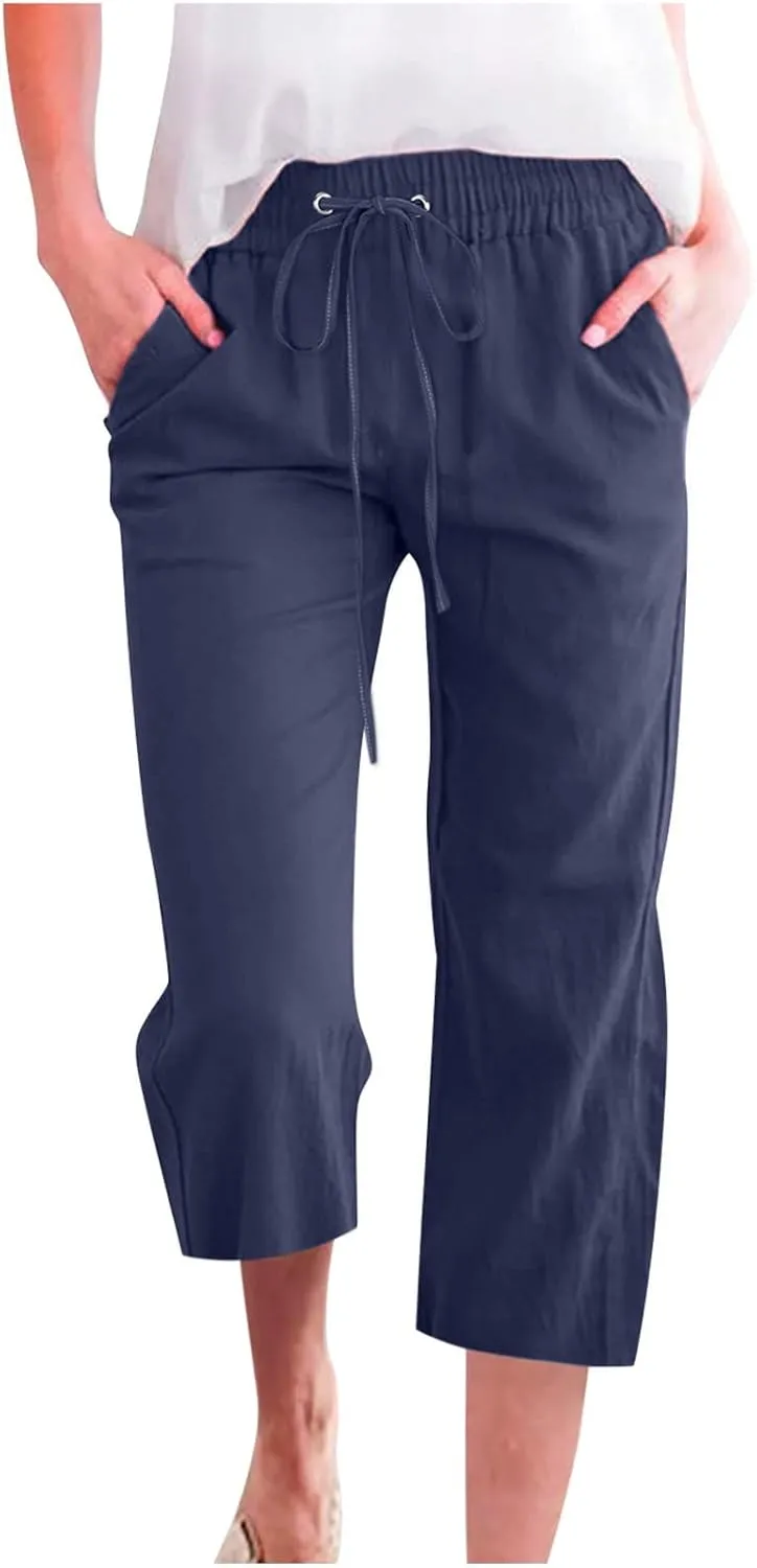 Women Linen Blend Summer Floral Palazzo Lounge Pants Low Waist Wide Leg Slim-Fit Palazzo Lounge Pants Vacation