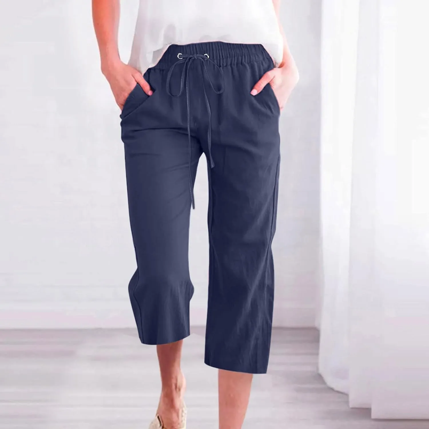 Women Linen Blend Summer Floral Palazzo Lounge Pants Low Waist Wide Leg Slim-Fit Palazzo Lounge Pants Vacation