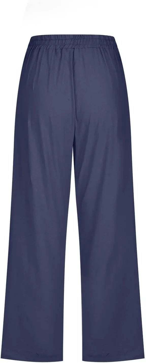 Women Linen Blend Summer Floral Palazzo Lounge Pants Low Waist Wide Leg Slim-Fit Palazzo Lounge Pants Vacation