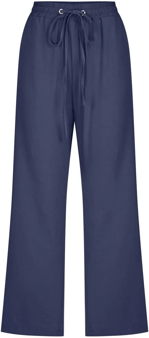 Women Linen Blend Summer Floral Palazzo Lounge Pants Low Waist Wide Leg Slim-Fit Palazzo Lounge Pants Vacation