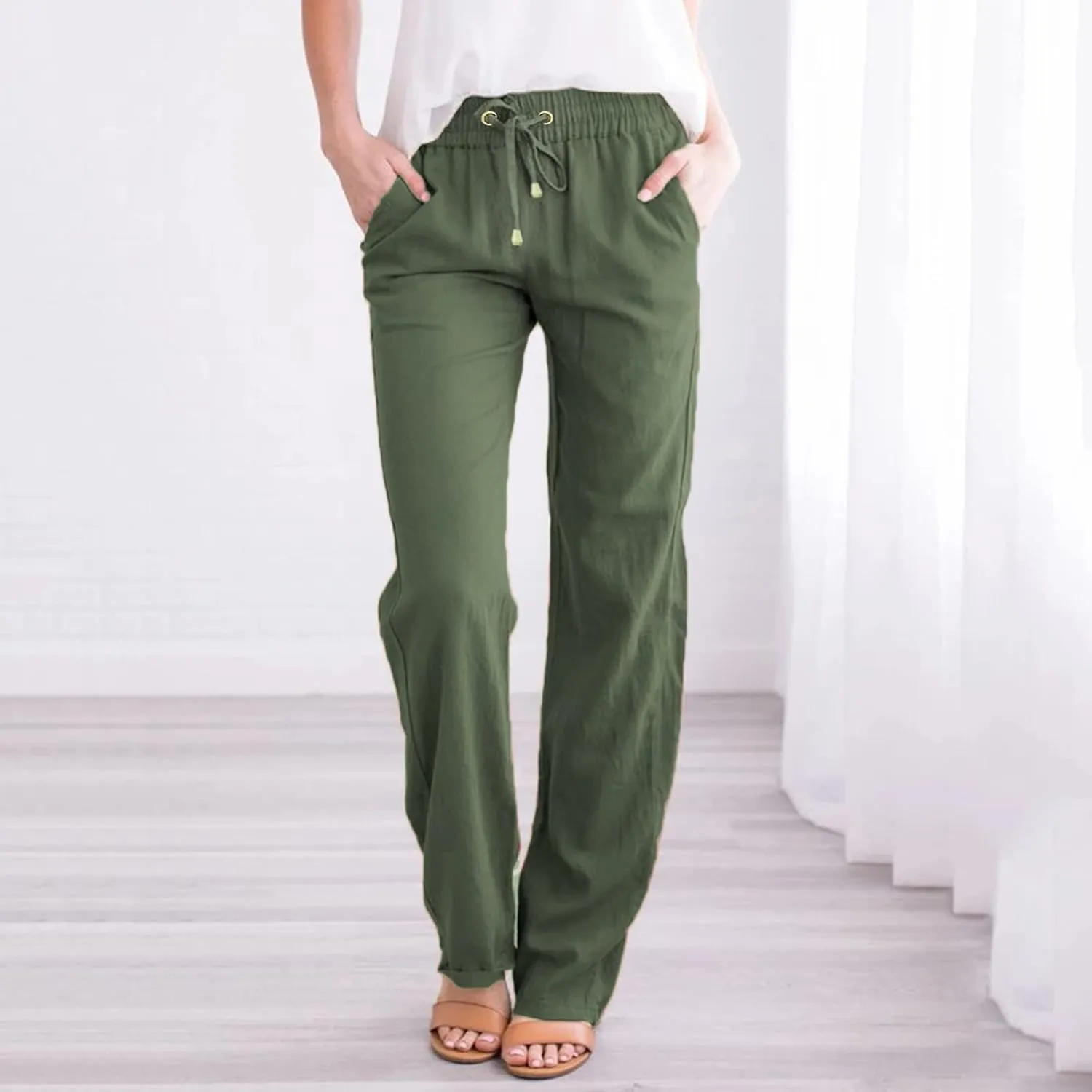 Women Linen Blend Summer Flowy Pant Trousers High Waist Long Lounge Slim Fit Pant Trousers Office