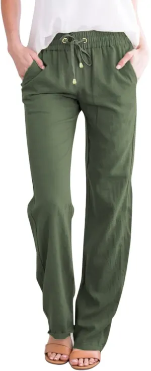 Women Linen Blend Summer Flowy Pant Trousers High Waist Long Lounge Slim Fit Pant Trousers Office