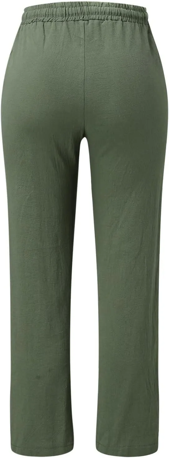 Women Linen Blend Summer Flowy Pant Trousers High Waist Long Lounge Slim Fit Pant Trousers Office