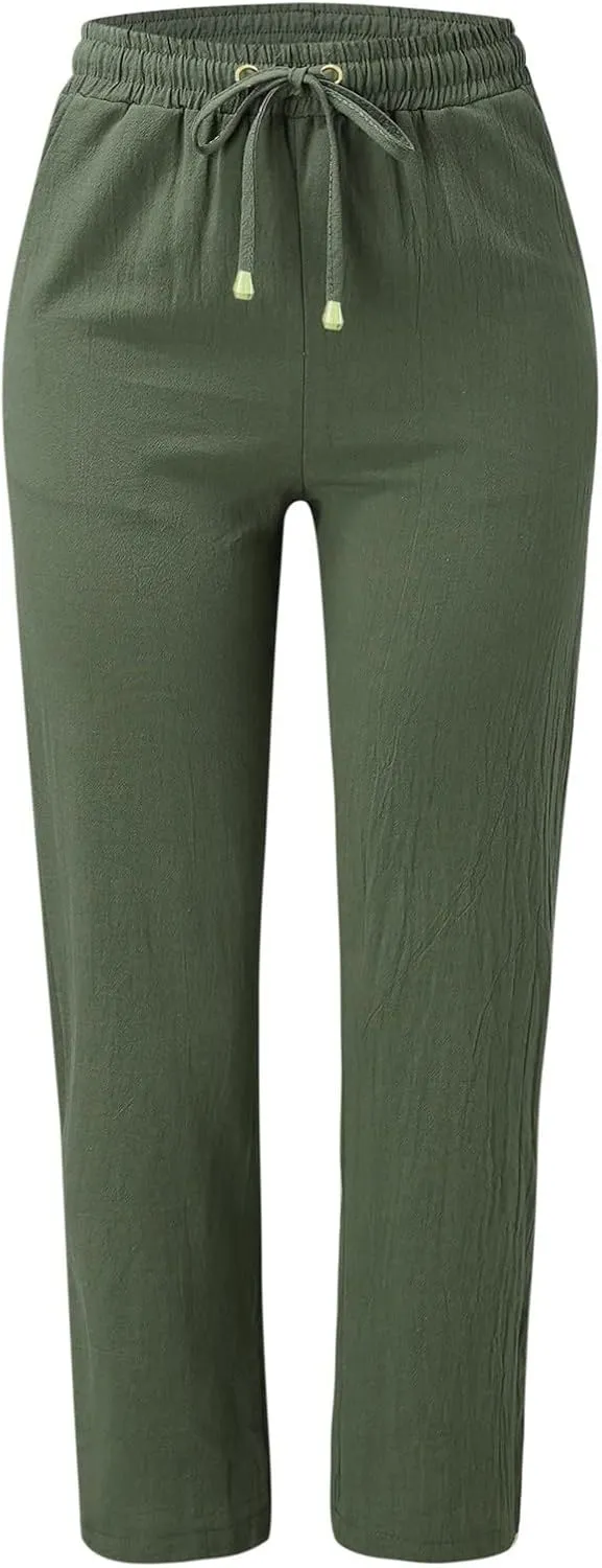 Women Linen Blend Summer Flowy Pant Trousers High Waist Long Lounge Slim Fit Pant Trousers Office