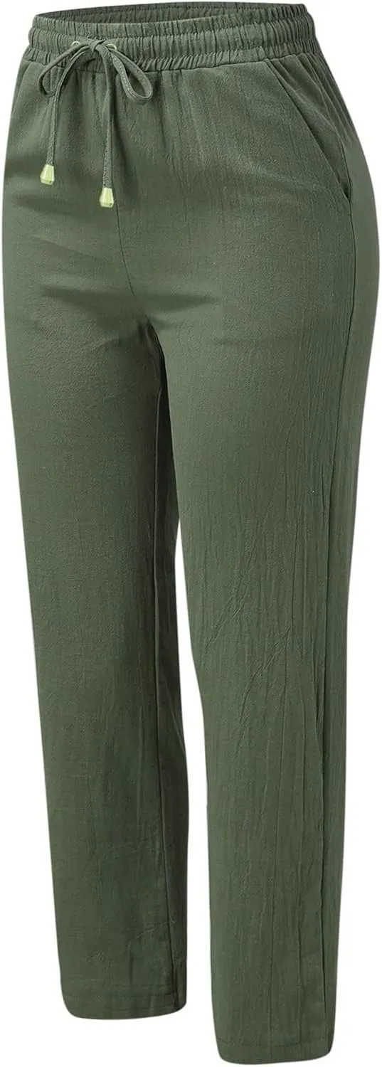 Women Linen Blend Summer Flowy Pant Trousers High Waist Long Lounge Slim Fit Pant Trousers Office