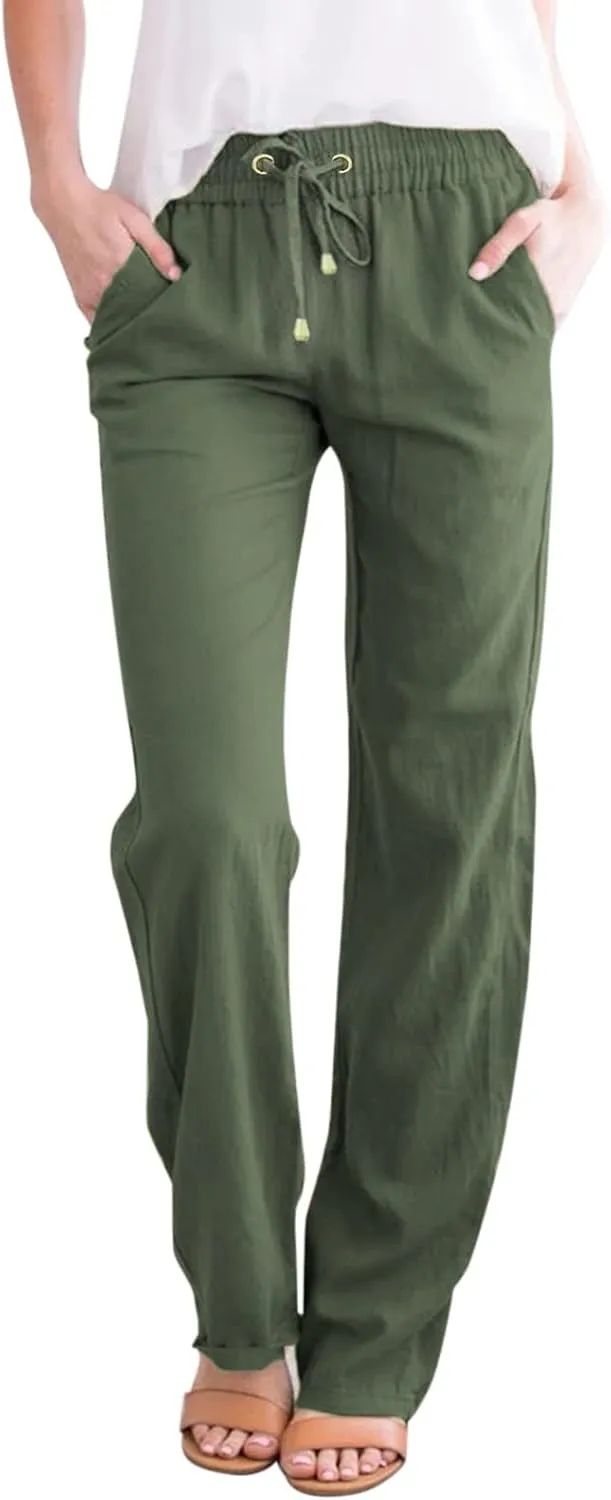 Women Linen Blend Summer Flowy Pant Trousers High Waist Long Lounge Slim Fit Pant Trousers Office