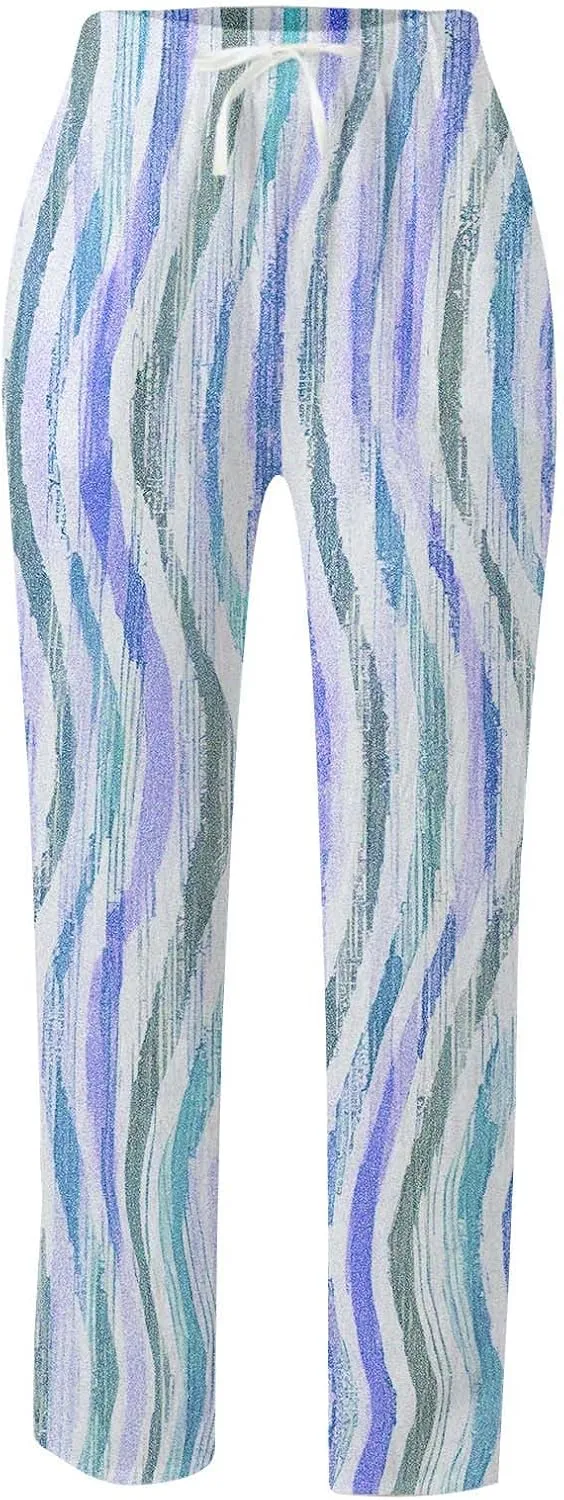 Women Linen Blend Summer Lightweigt Pant Trousers Elastic Waist Wide Leg Plus Size Pants Business Work