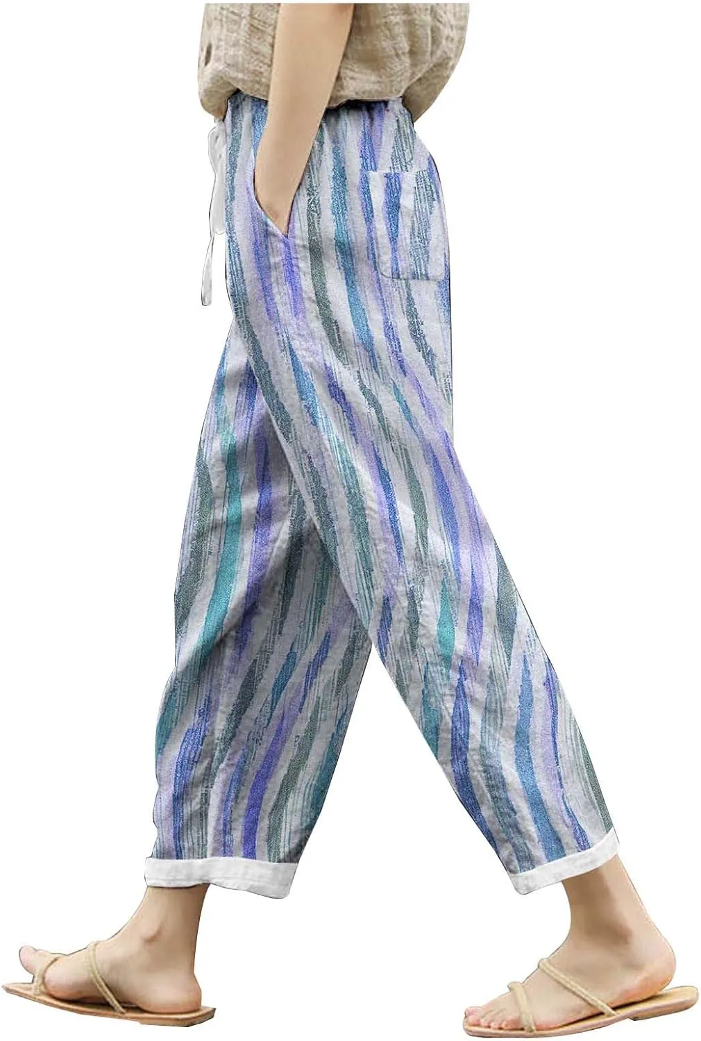 Women Linen Blend Summer Lightweigt Pant Trousers Elastic Waist Wide Leg Plus Size Pants Business Work