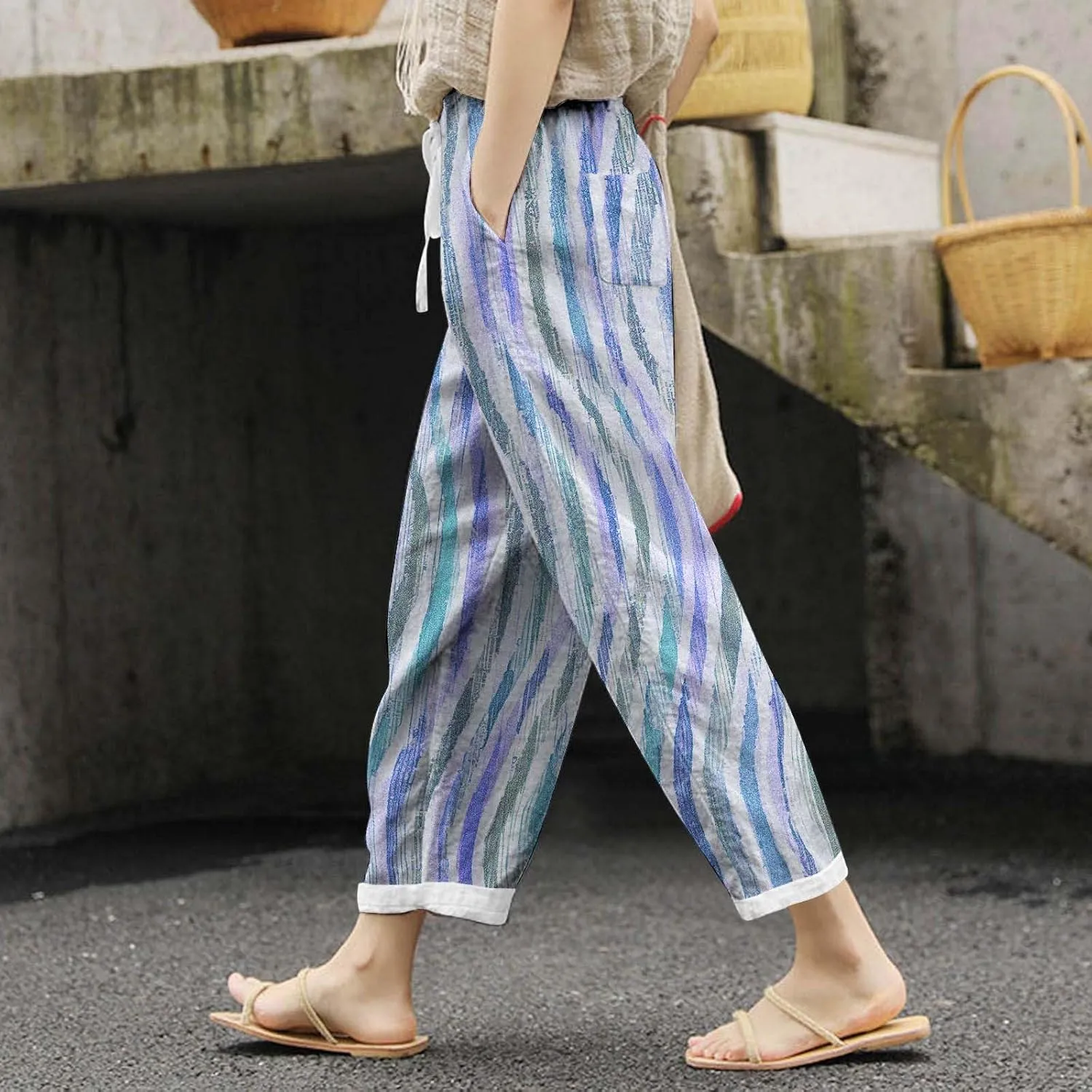 Women Linen Blend Summer Lightweigt Pant Trousers Elastic Waist Wide Leg Plus Size Pants Business Work