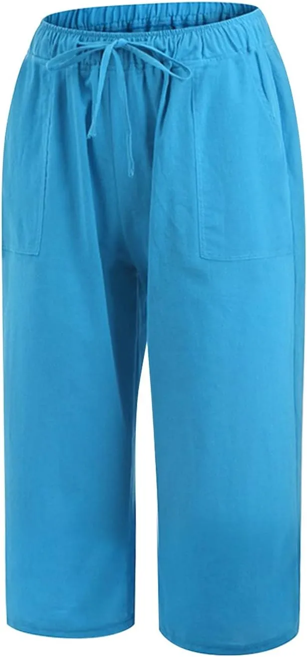 Women Linen Blend Summer Pull On Palazzo Lounge Pants High Waist Straight Slim-Fit Trousers Beach