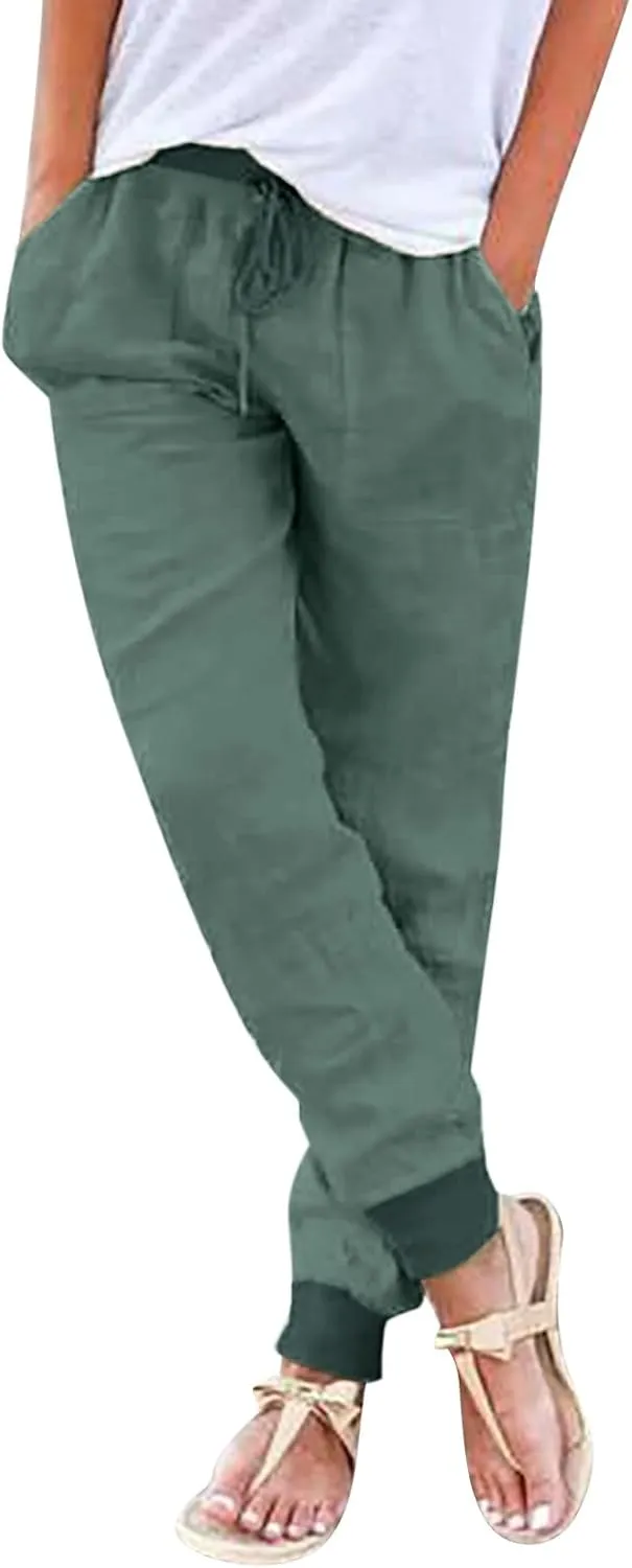 Women Linen Blend Summer Striped Palazzo Pants Elastic Waist Baggy Stretchy Slim-Fit Palazzo Lounge Pants