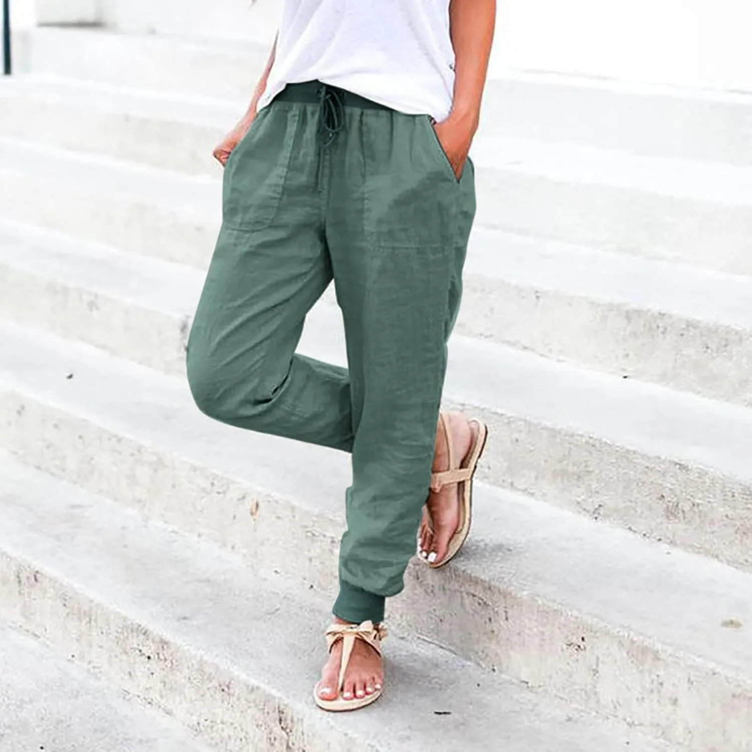 Women Linen Blend Summer Striped Palazzo Pants Elastic Waist Baggy Stretchy Slim-Fit Palazzo Lounge Pants