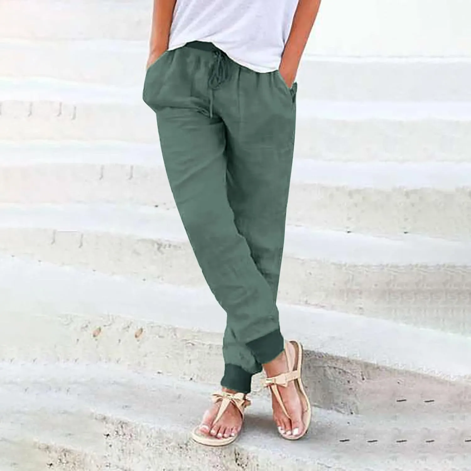Women Linen Blend Summer Striped Palazzo Pants Elastic Waist Baggy Stretchy Slim-Fit Palazzo Lounge Pants
