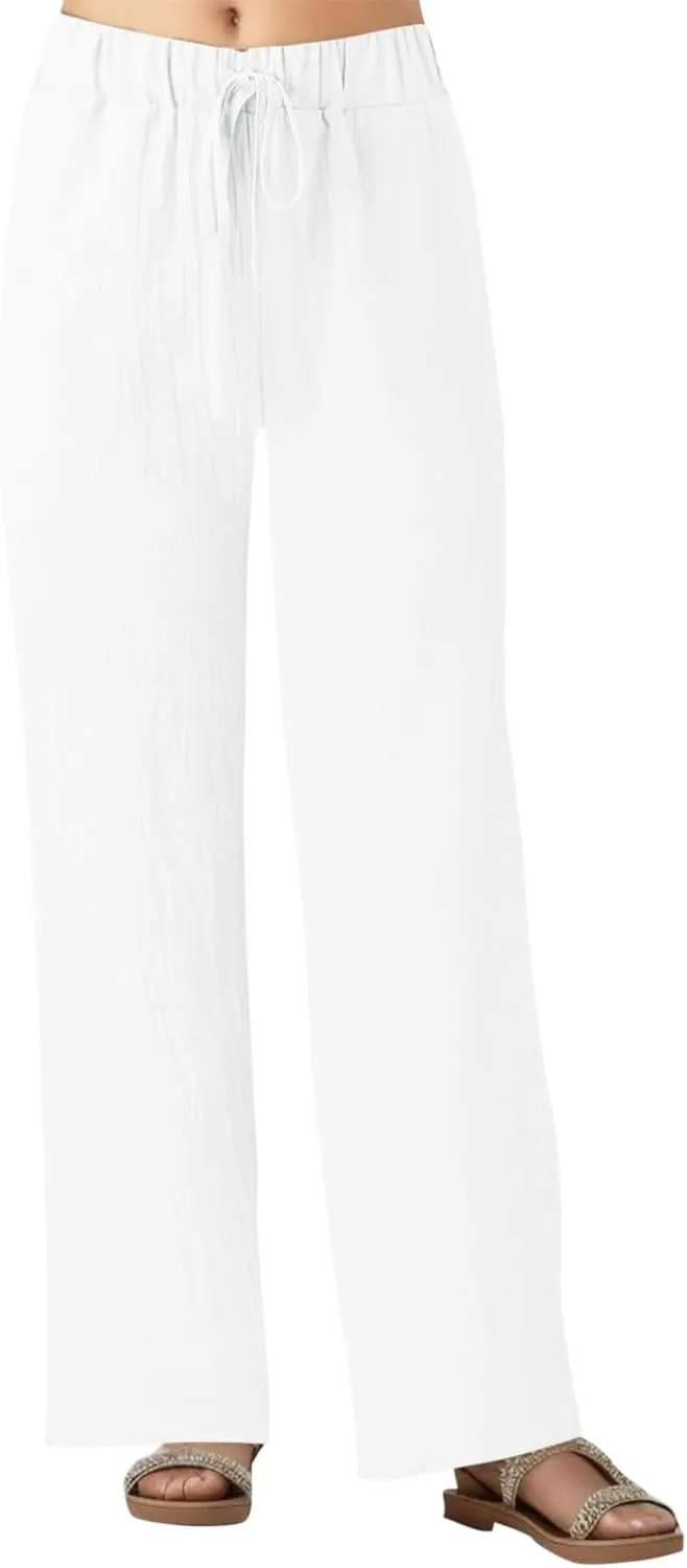 Women Linen Cotton Summer Pants Casual Baagy Palazzo Trousers Drawstring Elastic Waist Straight Wide Leg Pants with Pockets
