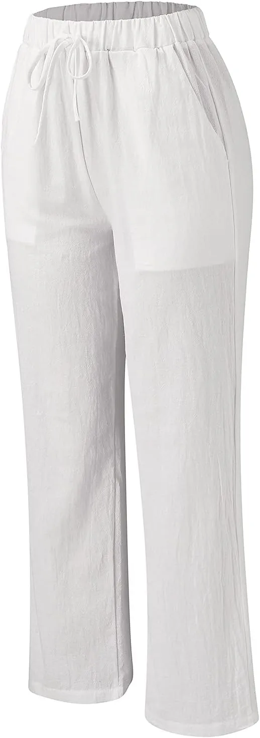 Women Linen Cotton Summer Pants Casual Baagy Palazzo Trousers Drawstring Elastic Waist Straight Wide Leg Pants with Pockets