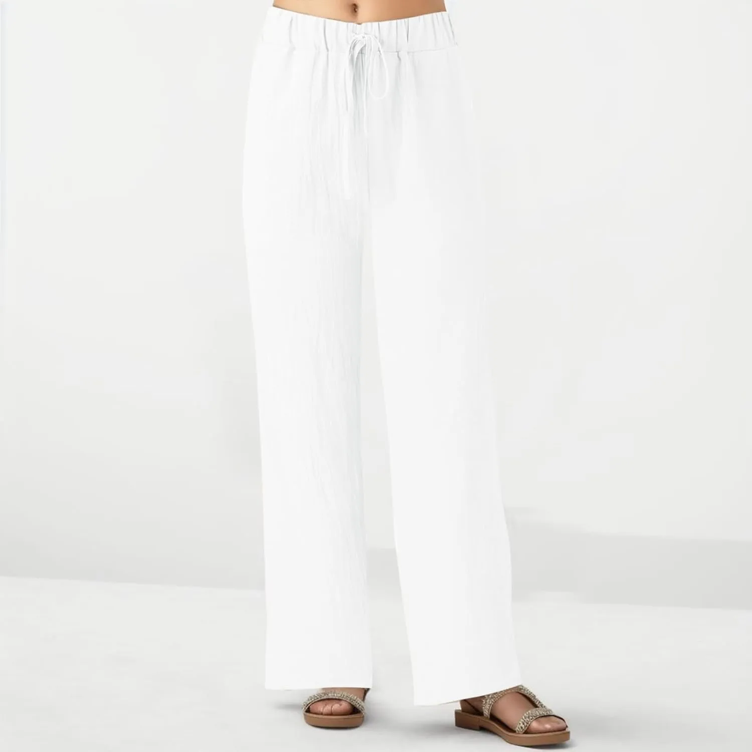 Women Linen Cotton Summer Pants Casual Baagy Palazzo Trousers Drawstring Elastic Waist Straight Wide Leg Pants with Pockets