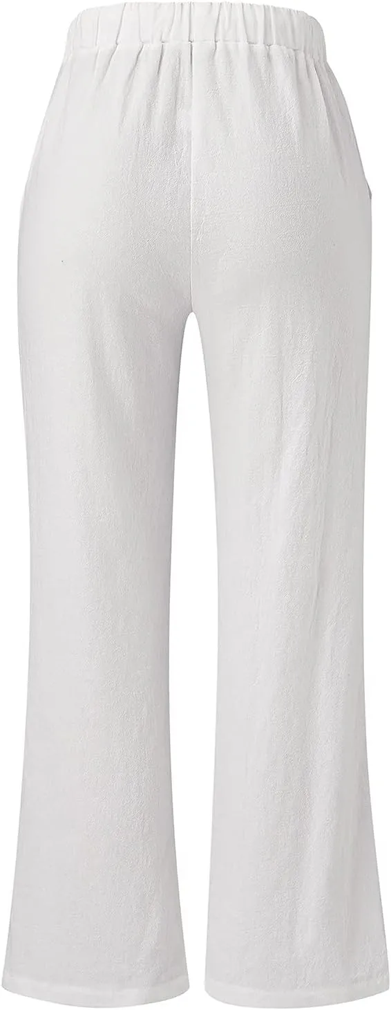 Women Linen Cotton Summer Pants Casual Baagy Palazzo Trousers Drawstring Elastic Waist Straight Wide Leg Pants with Pockets