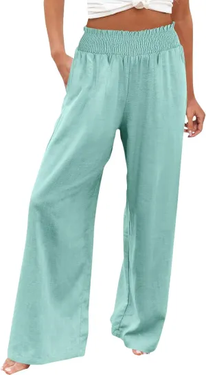 Women Linen Palazzo Pants Wide Leg High Waist Summer Casual Boho Trousers Travel Vacation Long Work