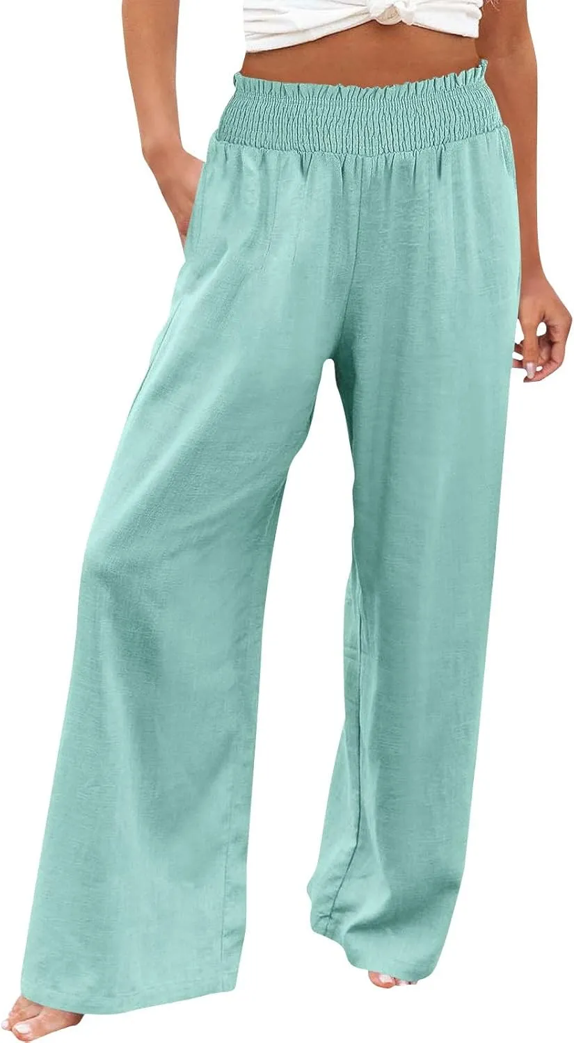Women Linen Palazzo Pants Wide Leg High Waist Summer Casual Boho Trousers Travel Vacation Long Work