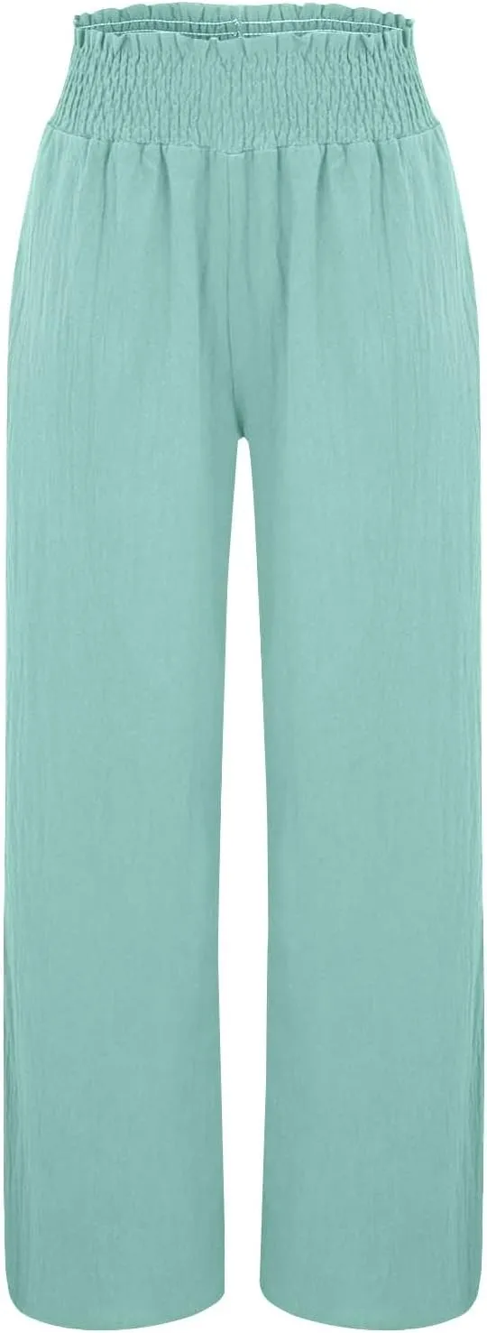 Women Linen Palazzo Pants Wide Leg High Waist Summer Casual Boho Trousers Travel Vacation Long Work