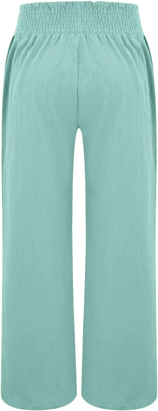Women Linen Palazzo Pants Wide Leg High Waist Summer Casual Boho Trousers Travel Vacation Long Work