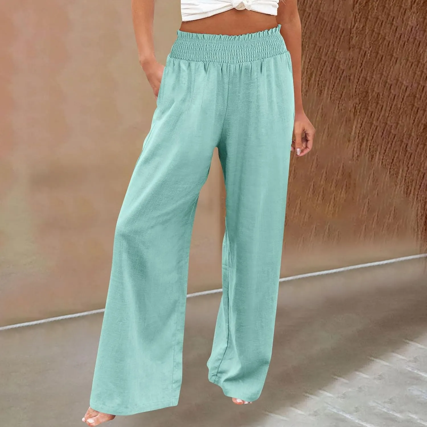 Women Linen Palazzo Pants Wide Leg High Waist Summer Casual Boho Trousers Travel Vacation Long Work