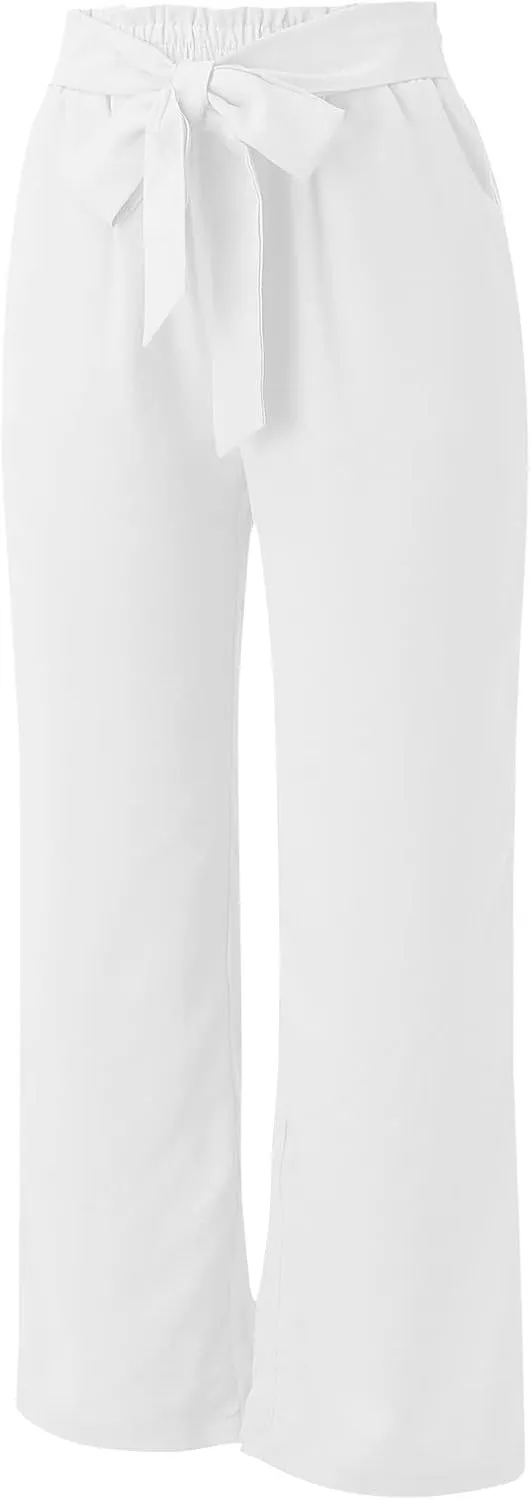Women Linen Summer Floral Pant Trousers Elastic Waisted Wide Leg Slim-Fit Trousers Vacation