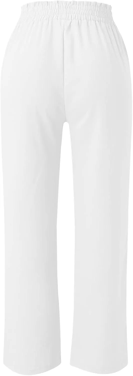 Women Linen Summer Floral Pant Trousers Elastic Waisted Wide Leg Slim-Fit Trousers Vacation