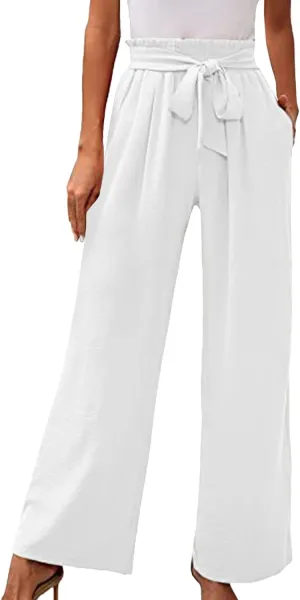 Women Linen Summer Floral Pant Trousers Elastic Waisted Wide Leg Slim-Fit Trousers Vacation