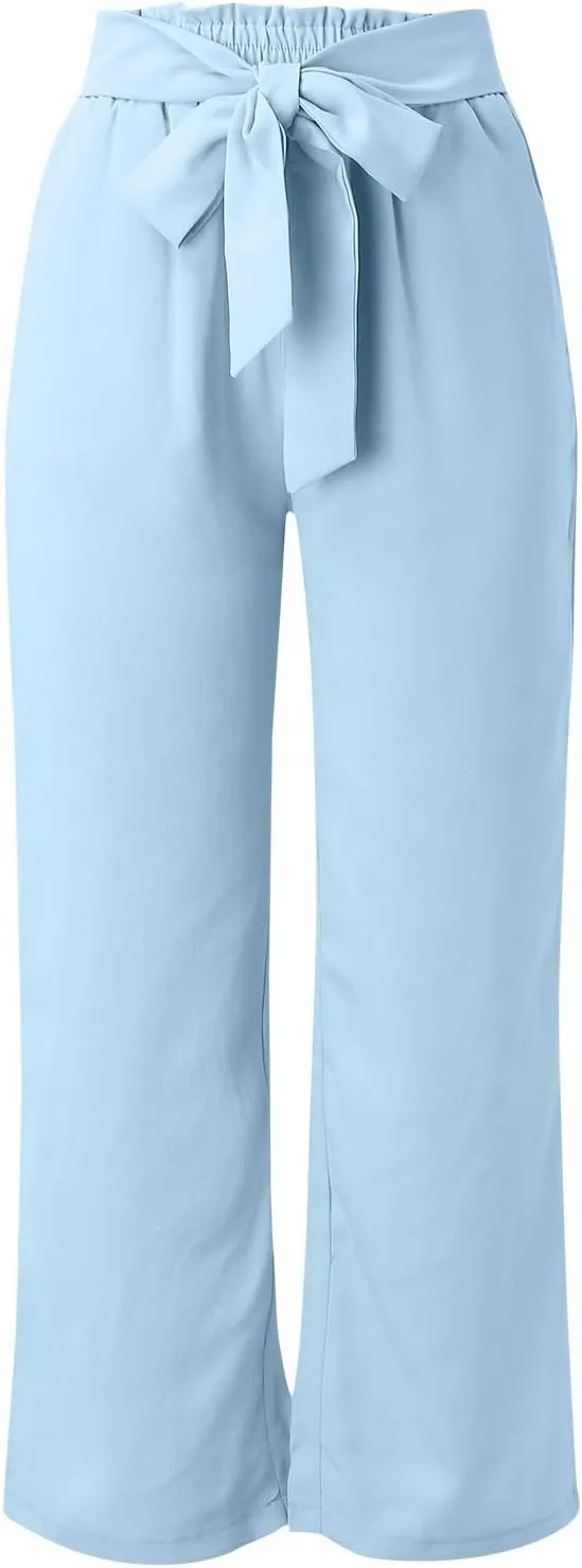 Women Linen Summer Floral Pant Trousers Elastic Waisted Wide Leg Slim-Fit Trousers Vacation