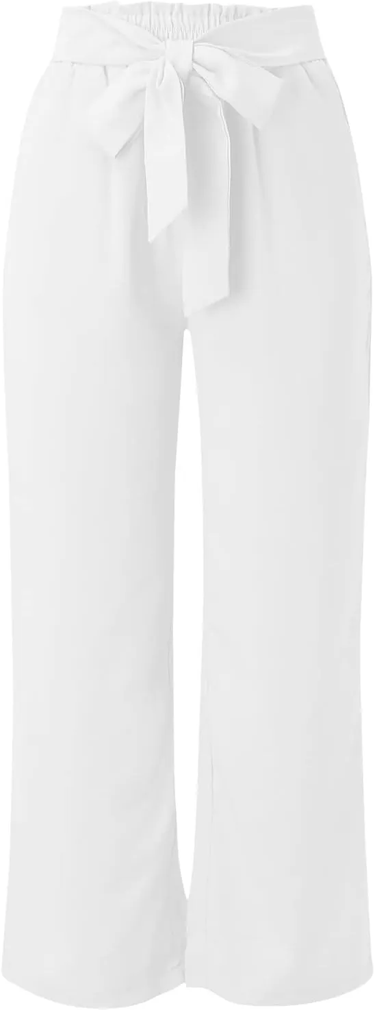 Women Linen Summer Floral Pant Trousers Elastic Waisted Wide Leg Slim-Fit Trousers Vacation