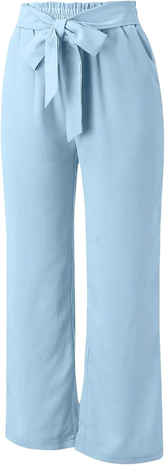 Women Linen Summer Floral Pant Trousers Elastic Waisted Wide Leg Slim-Fit Trousers Vacation