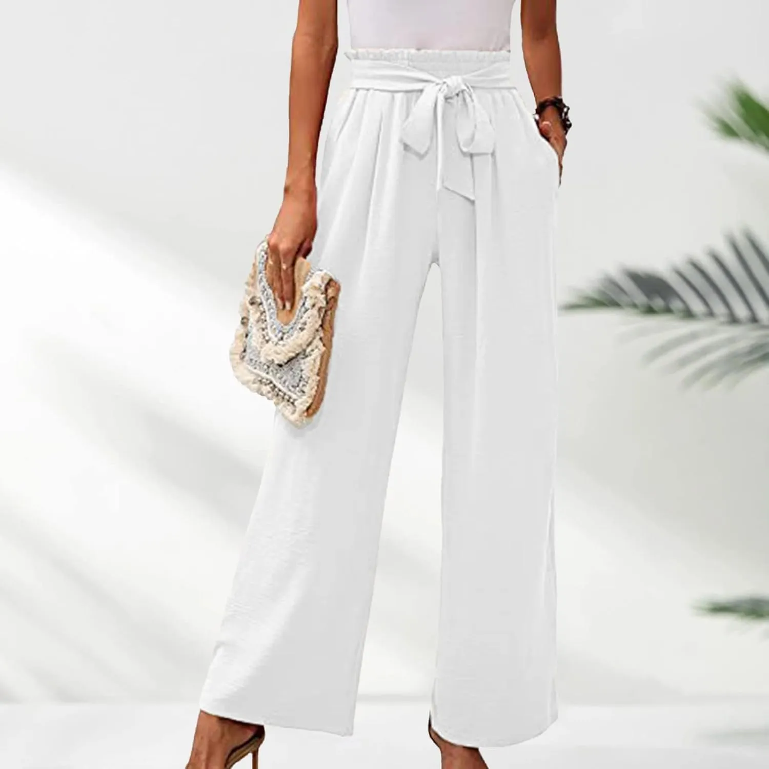 Women Linen Summer Floral Pant Trousers Elastic Waisted Wide Leg Slim-Fit Trousers Vacation