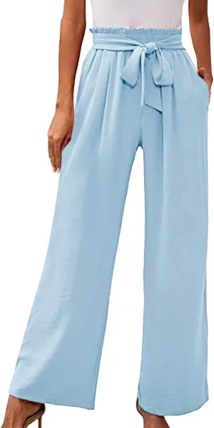 Women Linen Summer Floral Pant Trousers Elastic Waisted Wide Leg Slim-Fit Trousers Vacation