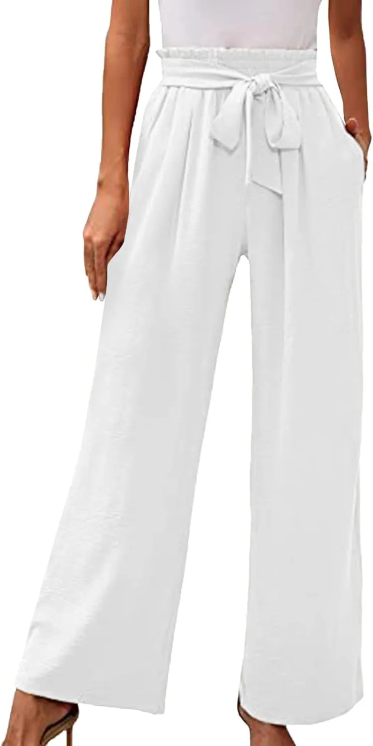 Women Linen Summer Floral Pant Trousers Elastic Waisted Wide Leg Slim-Fit Trousers Vacation
